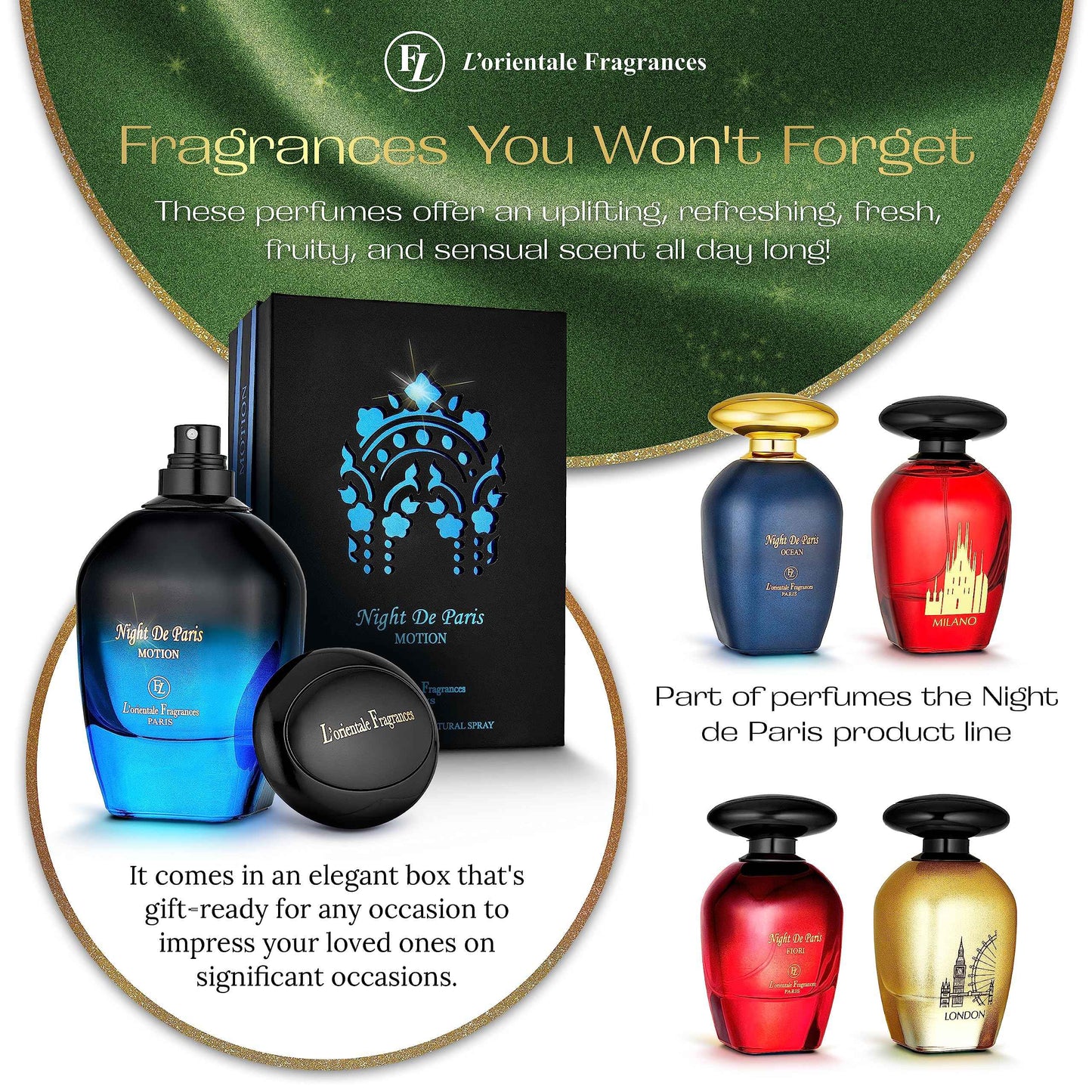 L'Orientale Fragrances Night De Paris in Motion 100ml / 3.3oz - Oil-Based Perfumes for Women & Men, Unisex Amber Vanilla Eau de Parfum w/Bergamot - Long-Lasting Up to 24 Hours, Ideal for All Seasons