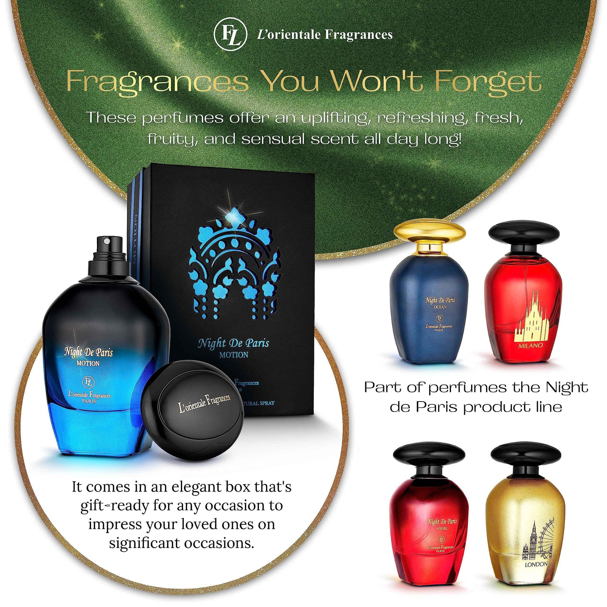 L'Orientale Fragrances Night De Paris in Motion 100ml / 3.3oz - Oil-Based Perfumes for Women & Men, Unisex Amber Vanilla Eau de Parfum w/Bergamot - Long-Lasting Up to 24 Hours, Ideal for All Seasons