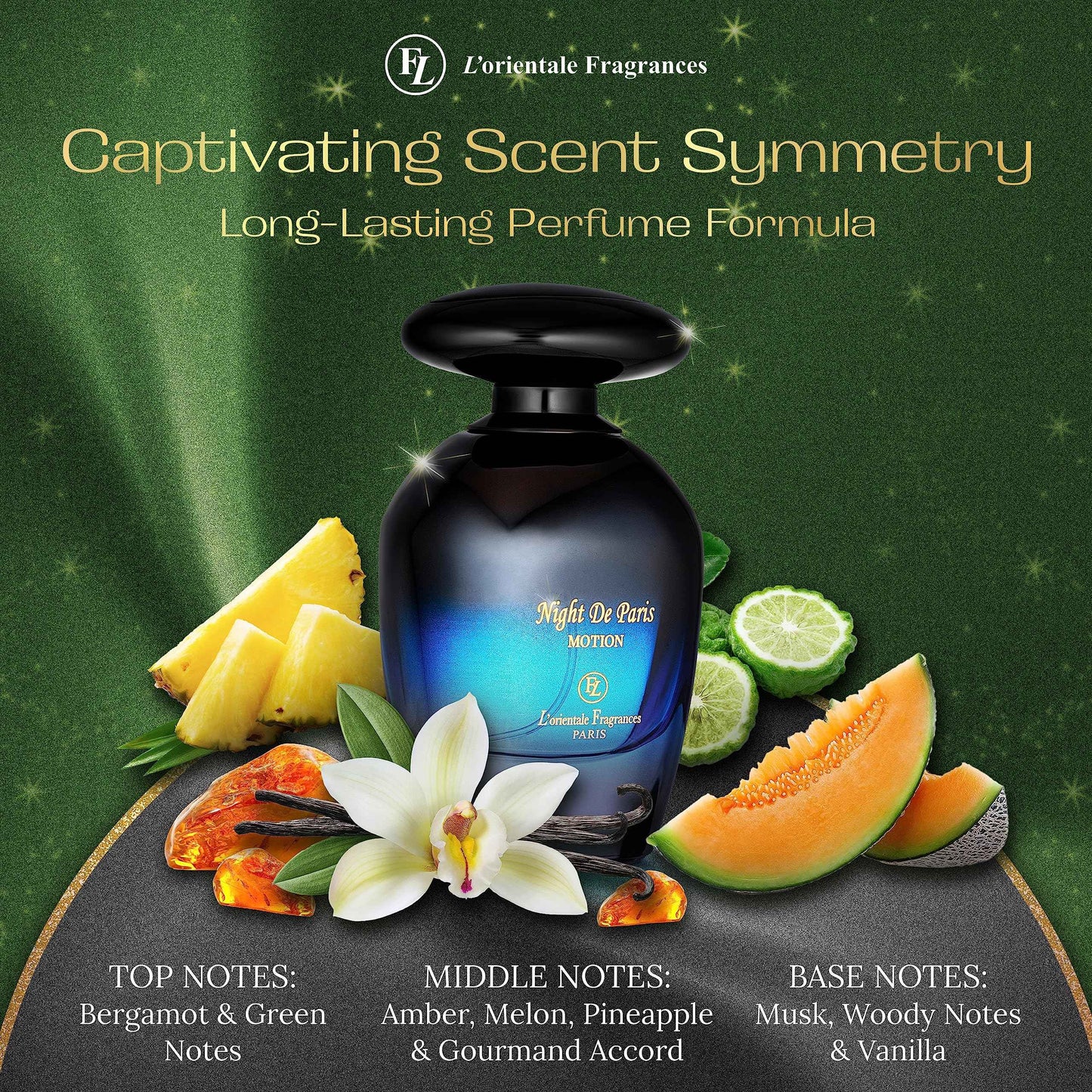 L'Orientale Fragrances Night De Paris in Motion 100ml / 3.3oz - Oil-Based Perfumes for Women & Men, Unisex Amber Vanilla Eau de Parfum w/Bergamot - Long-Lasting Up to 24 Hours, Ideal for All Seasons