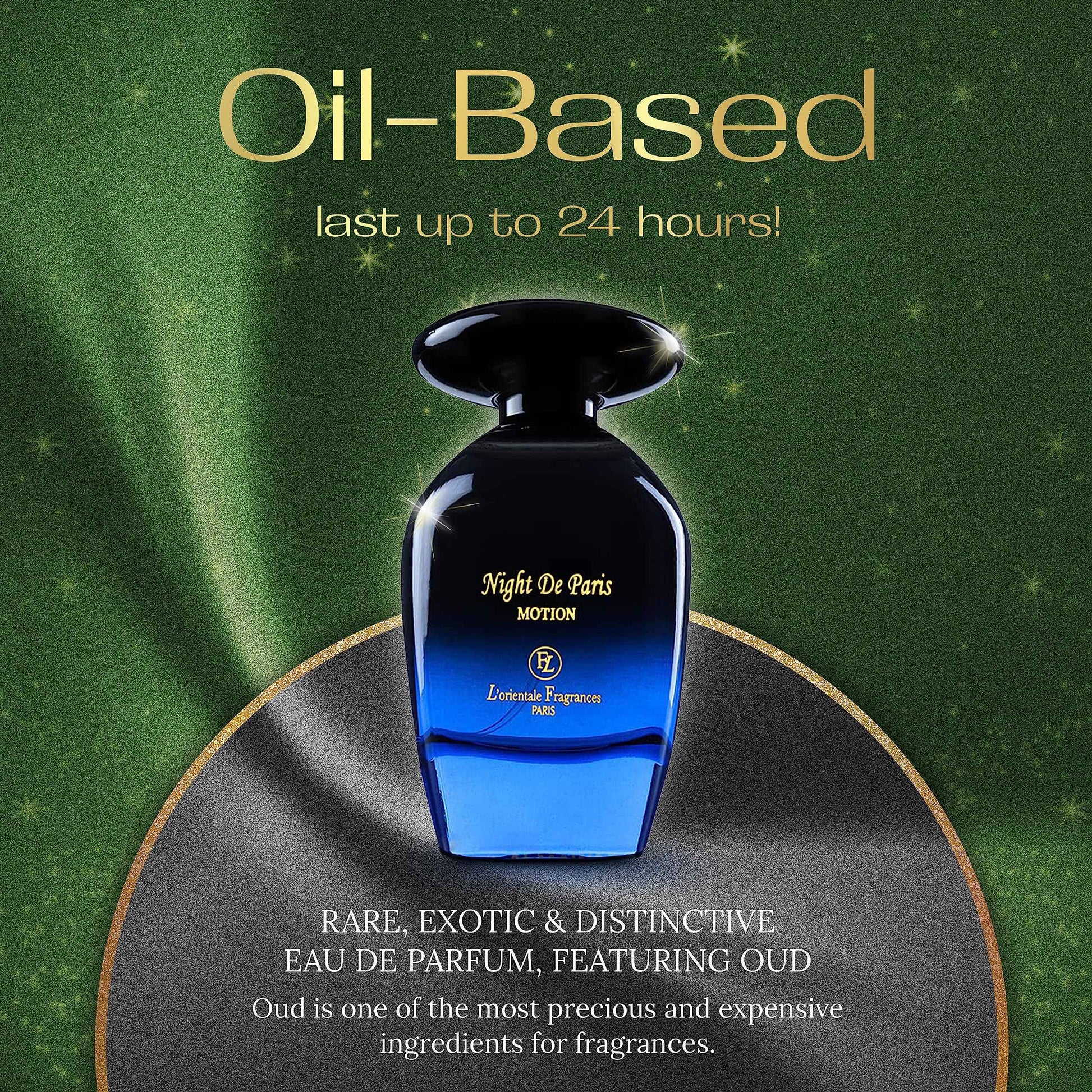 L'Orientale Fragrances Night De Paris in Motion 100ml / 3.3oz - Oil-Based Perfumes for Women & Men, Unisex Amber Vanilla Eau de Parfum w/Bergamot - Long-Lasting Up to 24 Hours, Ideal for All Seasons