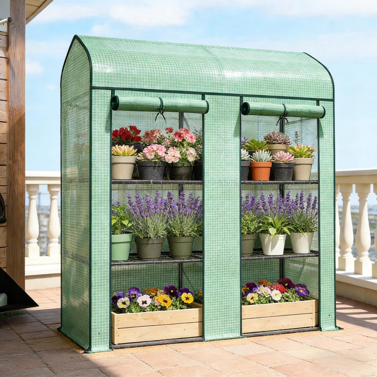 Portable Mini Greenhouse with Three-Tier Plant Shelf - Green