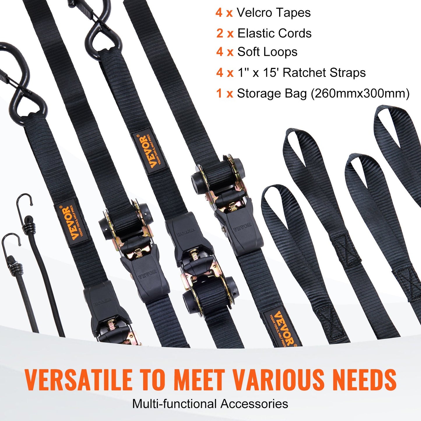 Heavy Duty Ratchet Tie Down Straps 4 Pack - 2200Lb Break Strength, Black, Cargo Securement