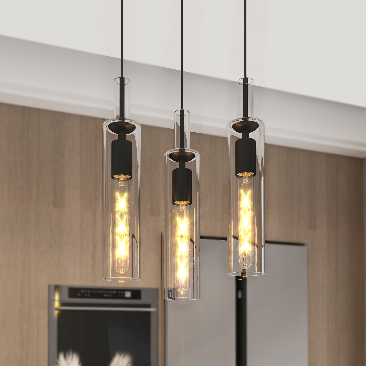Modern Adjustable Black Glass Pendant Light - 3 Pack