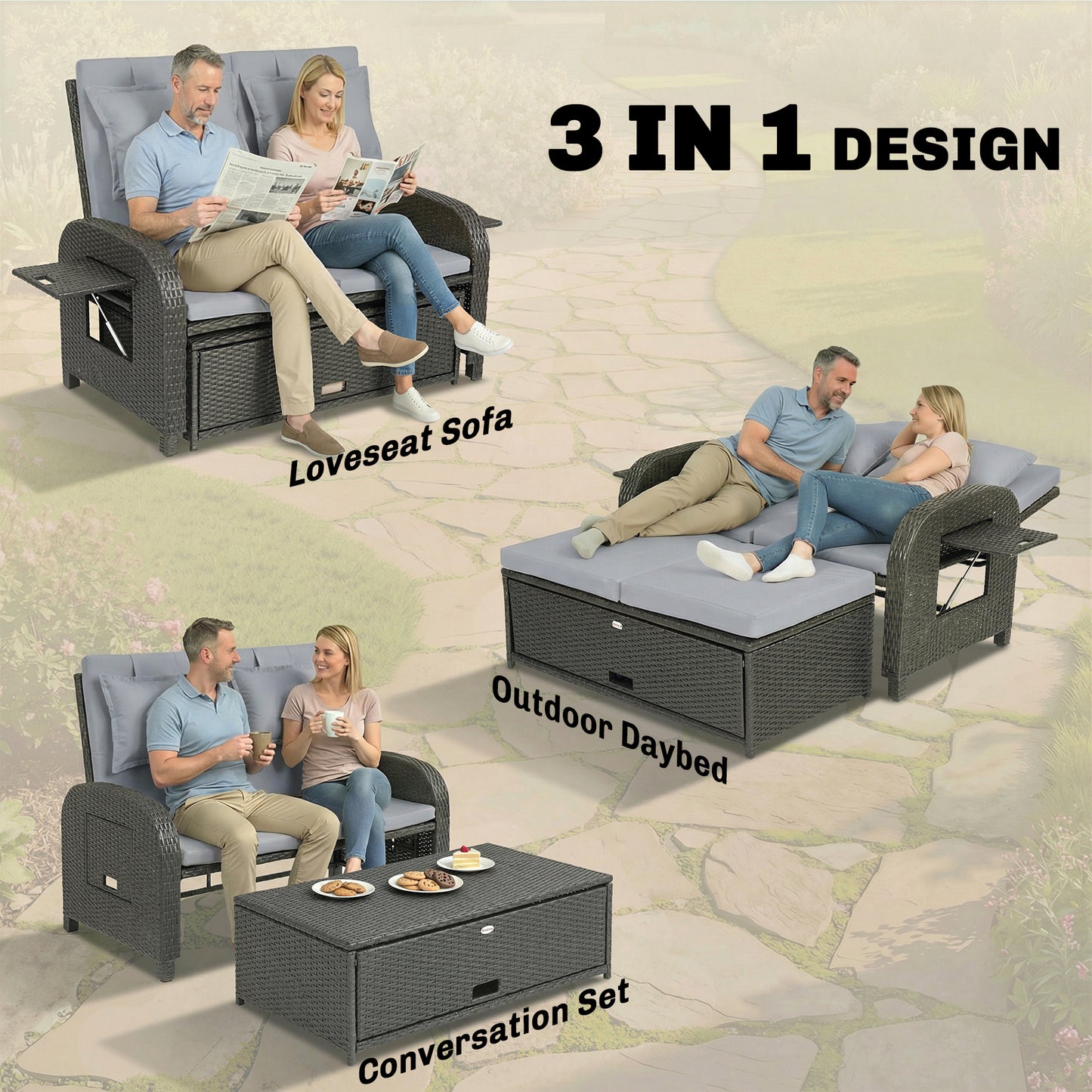 Outdoor Daybed with Storage Ottoman, Adjustable Loveseat - Gray