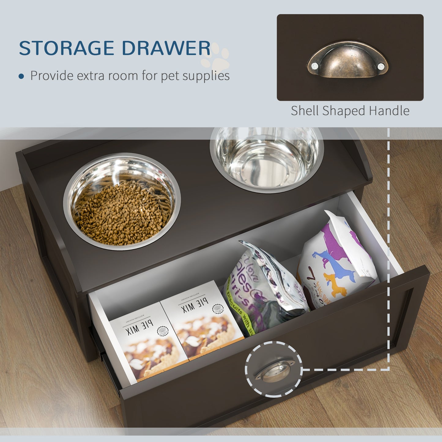 Elevated Pet Feeding Station with Storage - Large Dog Bowls in Coffee