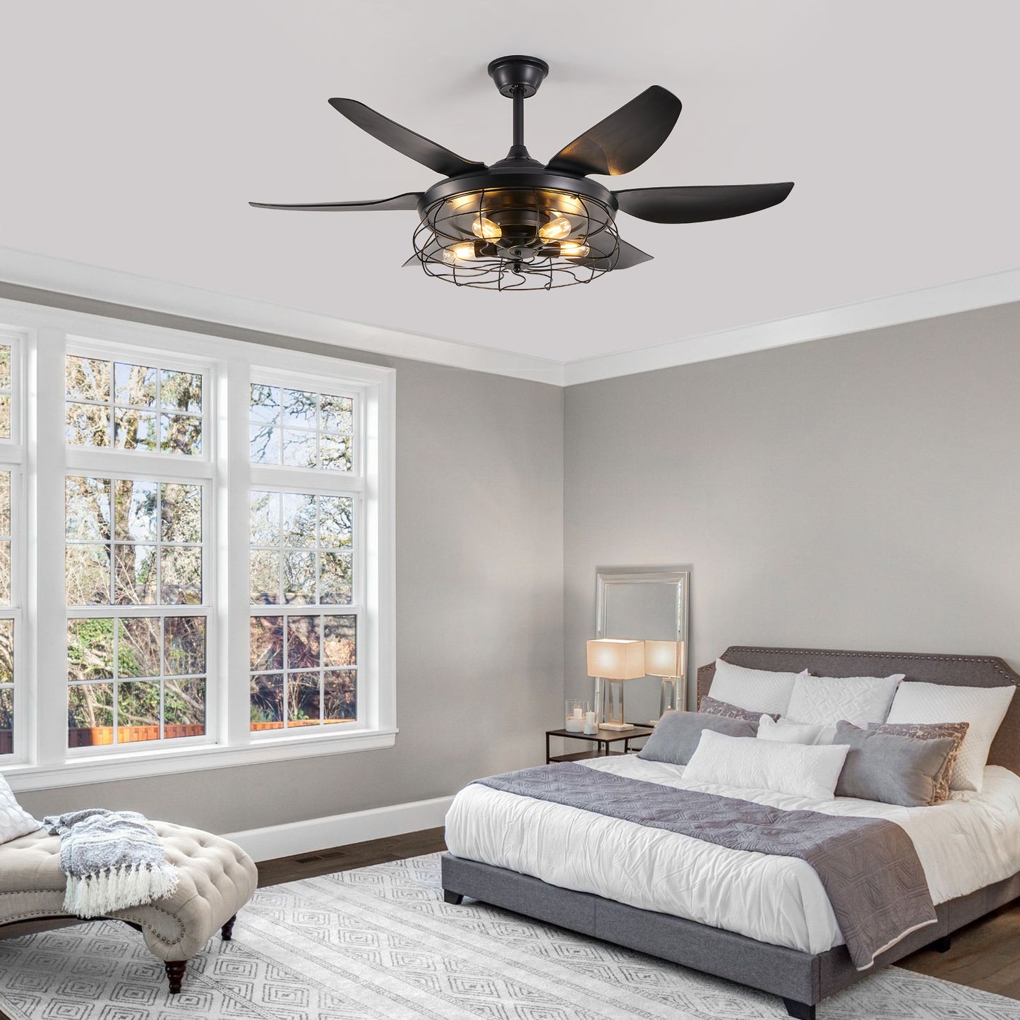 Modern Black Ceiling Fan with Light - 6 Blades, Industrial Design