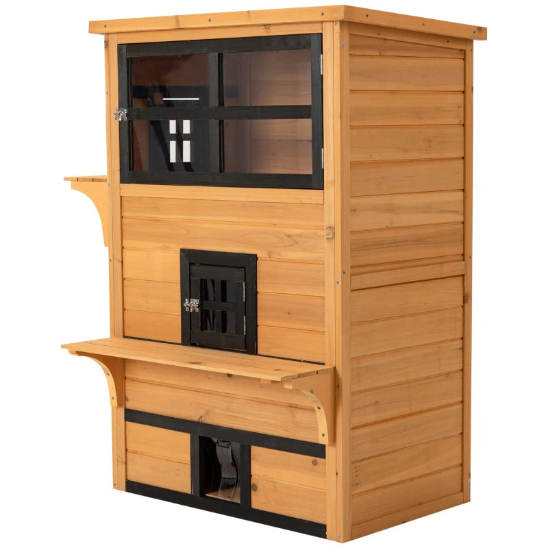 Outdoor Cat House with 5 Escape Doors Weatherproof Wooden Shelter - Yellow & Black
