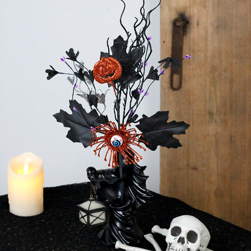 Halloween Eyeball Pumpkin Pick Ornament - Black Plastic Fall Decor