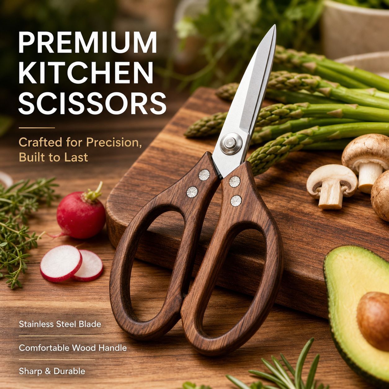 Heavy-Duty Stainless Steel Chicken Bone Scissors with Wooden Handle - Acacia