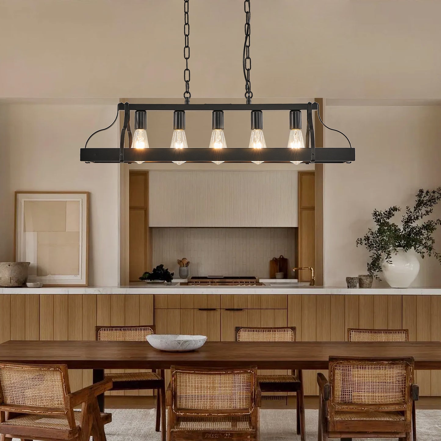 34-Inch Black Industrial Pendant Light with 5 E26 Sockets - Adjustable Height Chandelier