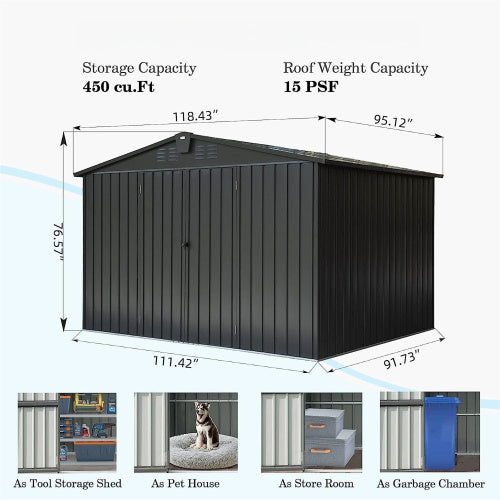 10x8 ft Metal Garden Storage Shed with Lockable Doors - Rustproof Outdoor Cabinet