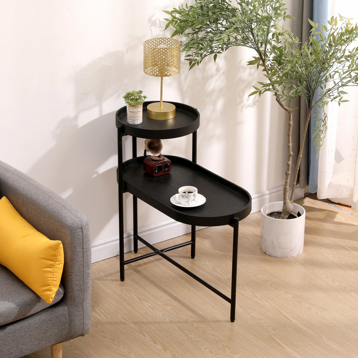 2-Tier Black Side Table with Storage - Metal Frame & Wood Design