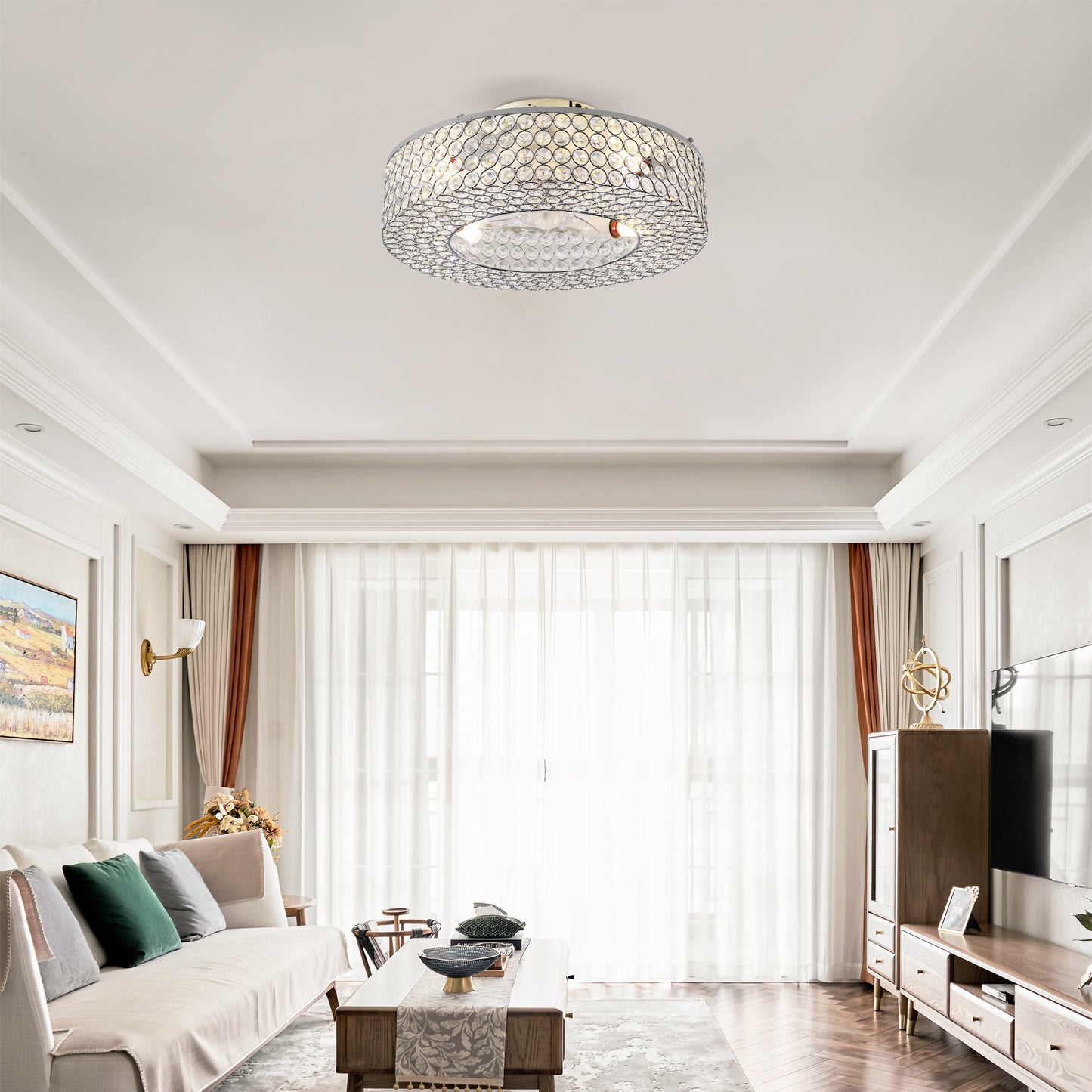 19.6'' Crystal Flush Mount Ceiling Fan with Remote Control - White