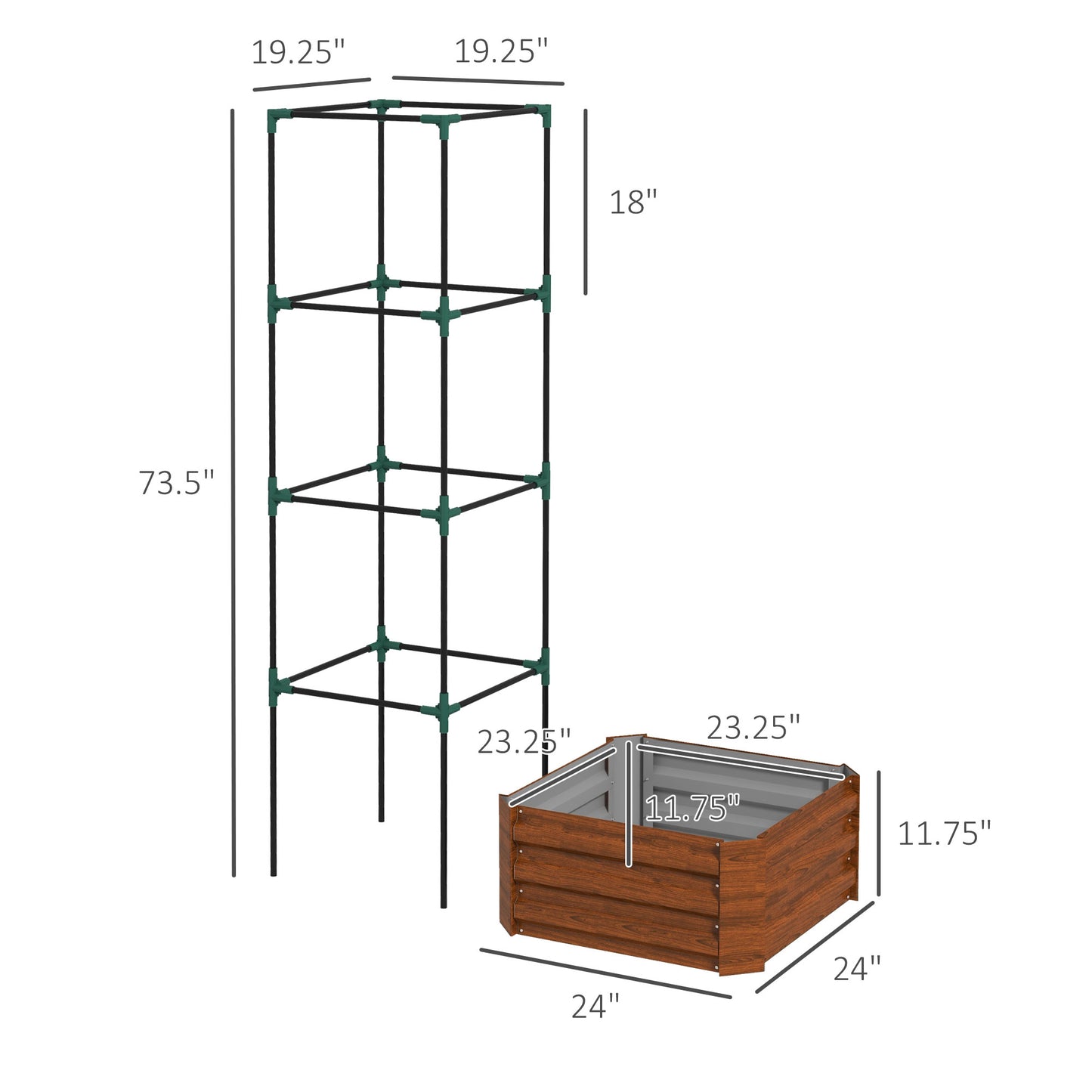Galvanized Raised Garden Bed with Tomato Cage - 24x24x73.5 Inches, Brown