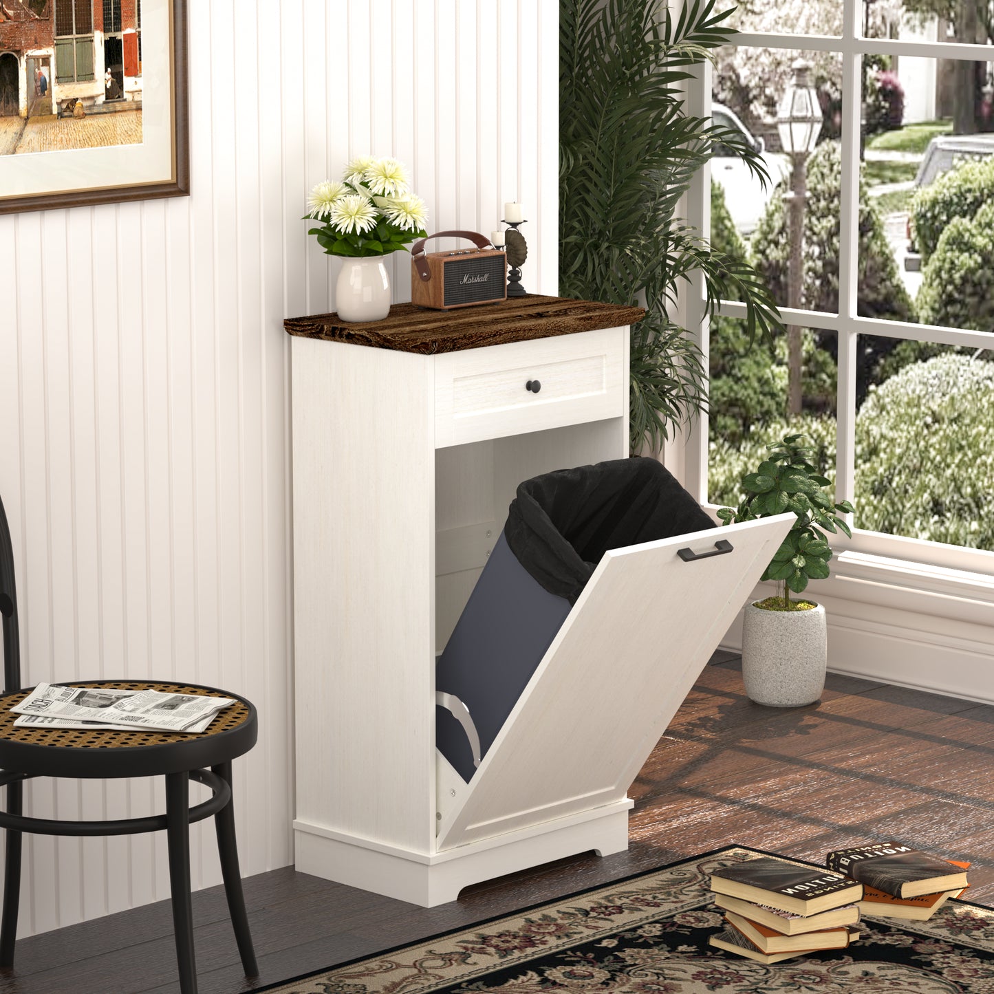 Tilt-Out Trash Cabinet - Freestanding Wood Recycling Bin with Drawer, Antique Brown & White