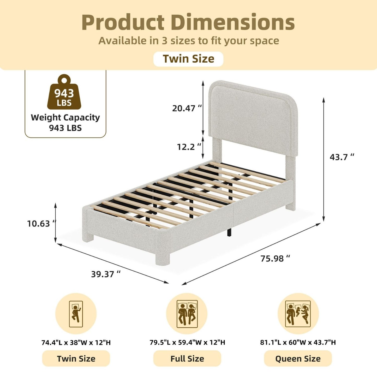Modern Boucle Bed Frame with Soft Rounded Headboard - Platform Design