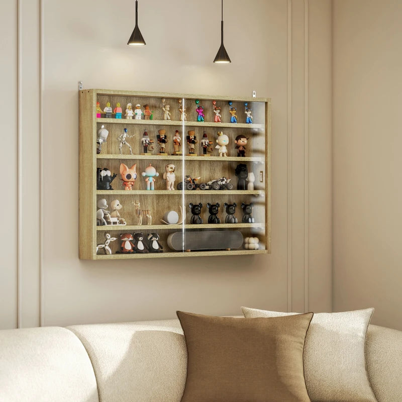 5-Tier Wall-Mounted Display Cabinet with Glass Doors - Oak