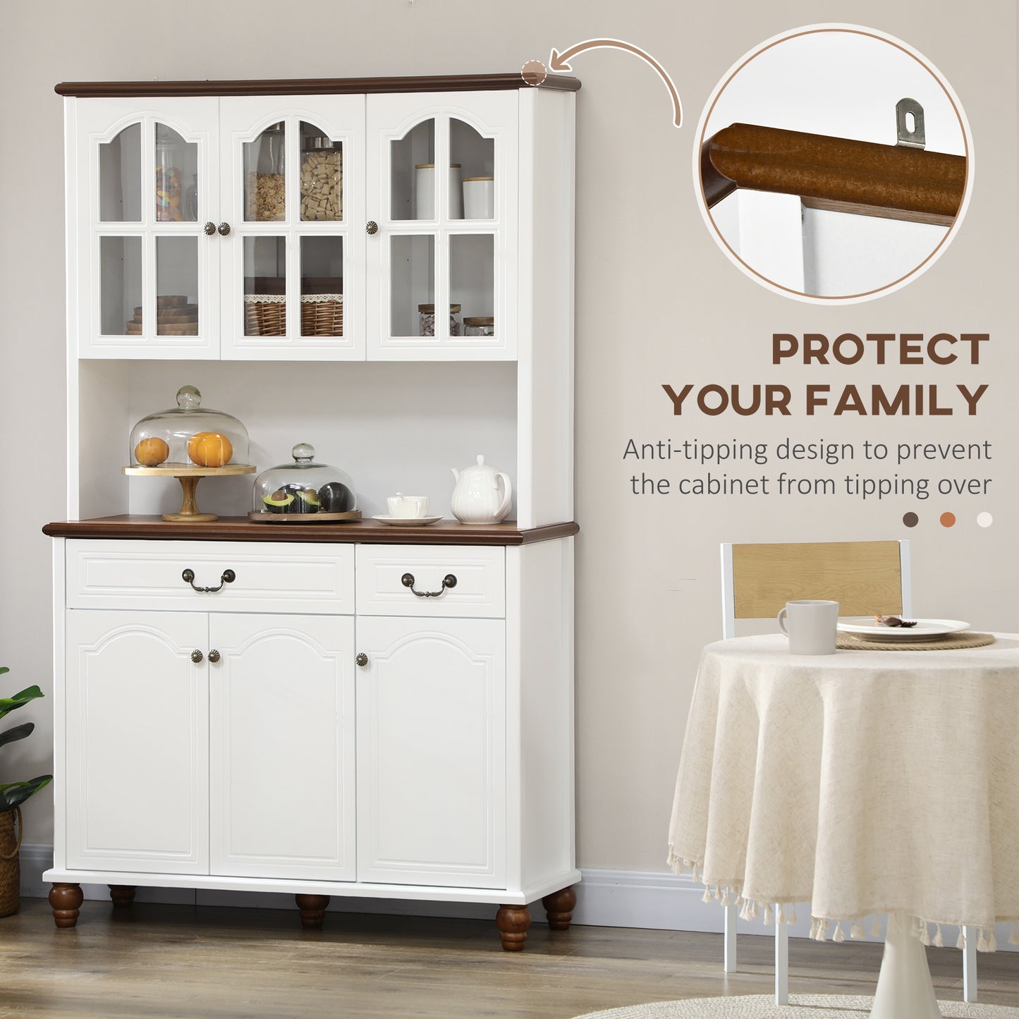 Freestanding Kitchen Buffet with Hutch - White Cabinet & Adjustable Shelves