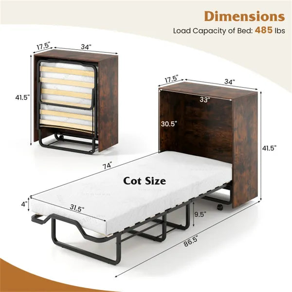 Rustic Brown Murphy Bed Cabinet with Lockable Wheels & Mattress