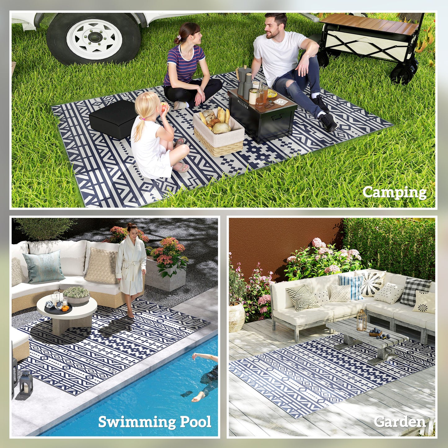 Reversible Outdoor Rug - Waterproof Polypropylene, 6' x 9', Blue & White Geometric