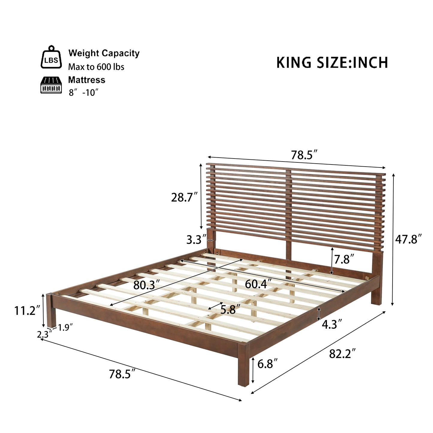 Premium Solid Wood King Size Bed Frame With Headboard, -Walnut Color,