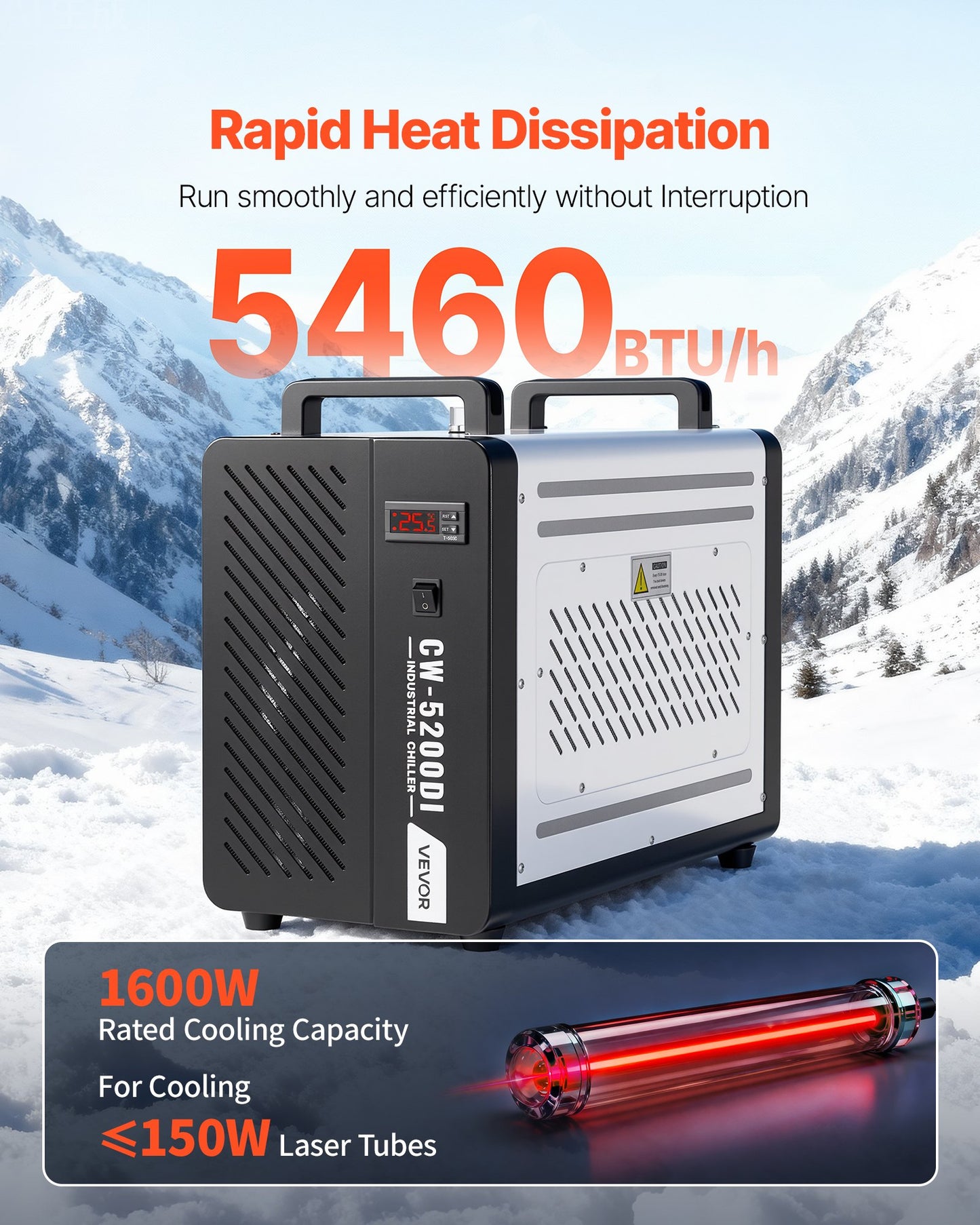 Industrial Water Chiller for Laser Engraving & CNC Machines - 5460 BTU/h, 4.2 GPM, 1.8 Gal Tank, Black