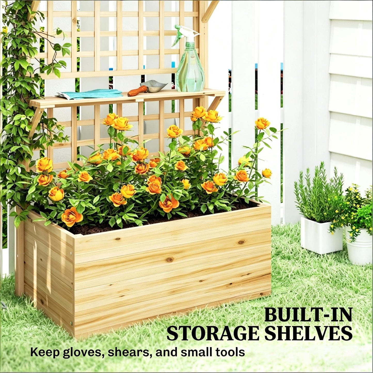 Elevated Wooden Planter Box with Trellis and Storage Shelves