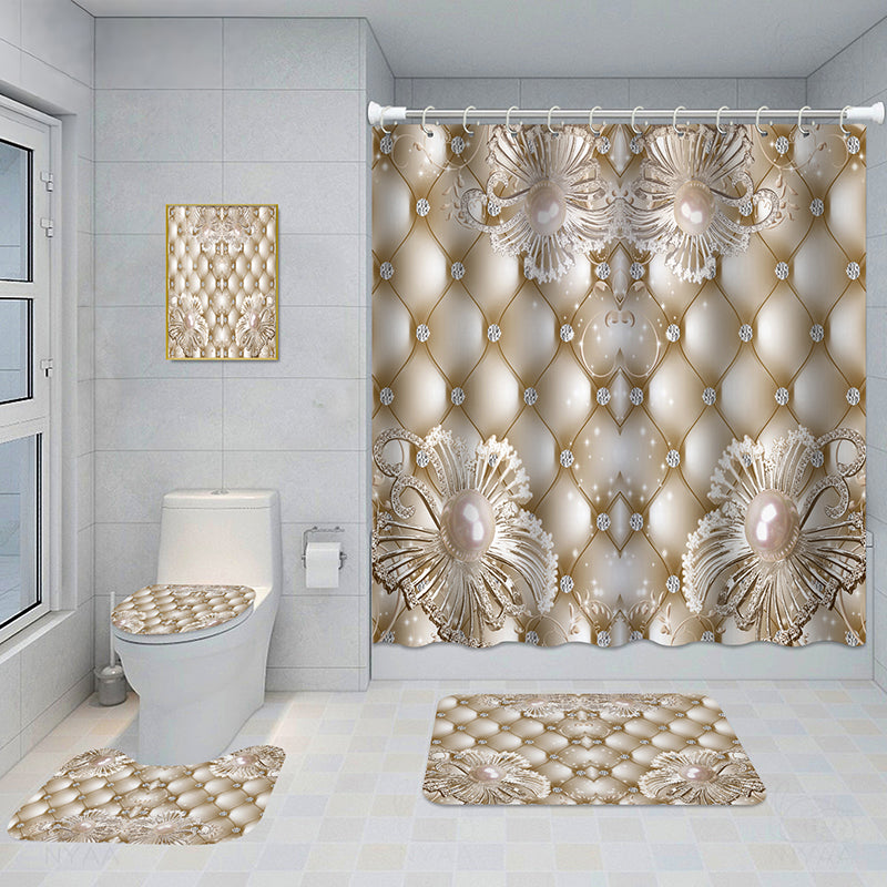 Bathroom 5-Piece Shower Curtain Set with Mat and Decorative Aluminum Frame