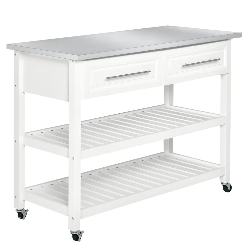 Kitchen Island Cart with Stainless Steel Top & Storage - White
