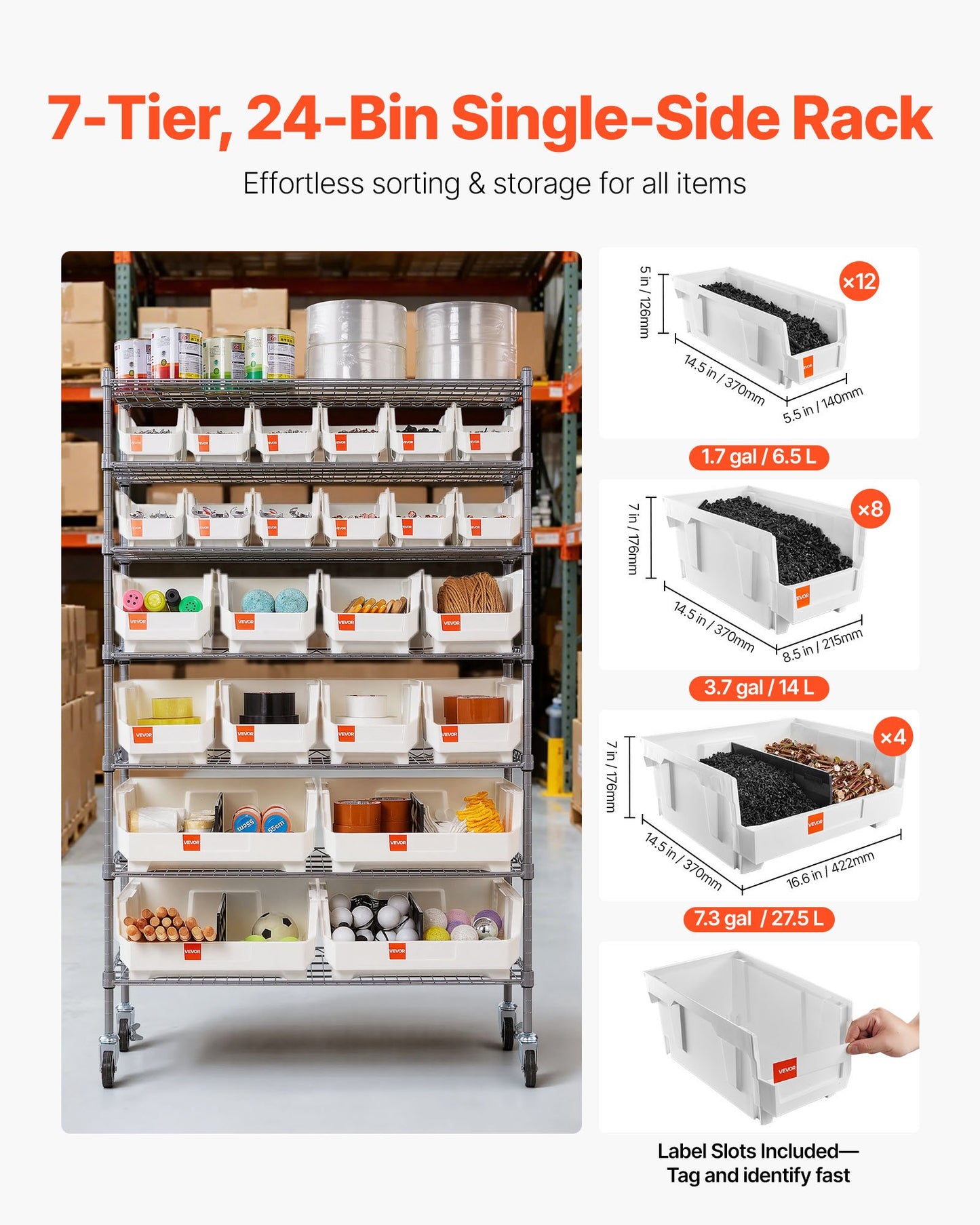 7-Tier Rolling Storage Rack with 24 Bins - Mobile Steel Wire Shelving for Garage and Workshop