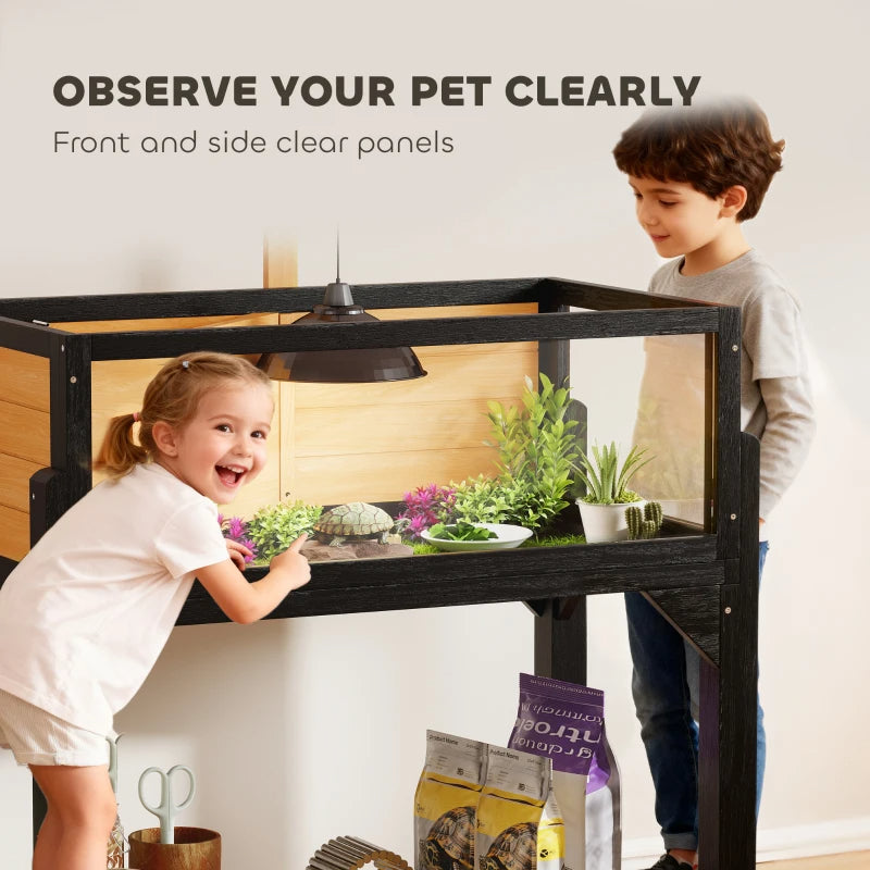 Wooden Tortoise Habitat with Storage Shelf & Clear Windows, Open Top, Lamp Holder