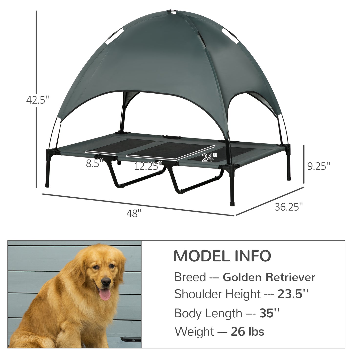 Elevated Dog Bed with Canopy Shade and Cooling UV Protection - 48x36 Inches