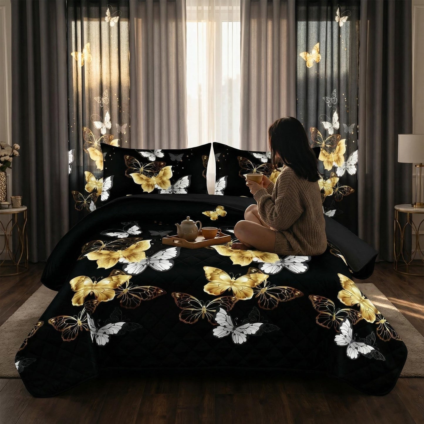 9-Piece Black & Gold Butterfly Quilt and Curtain Set
