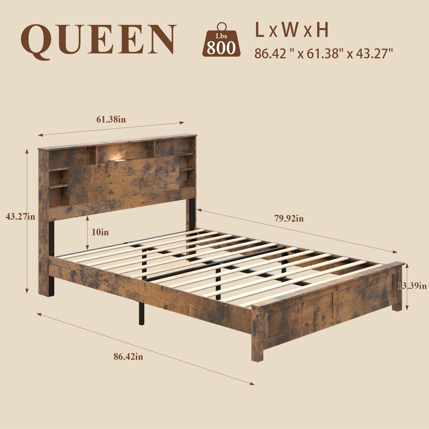 Queen Wood Platform Bed Frame with Bookcase Headboard & LED