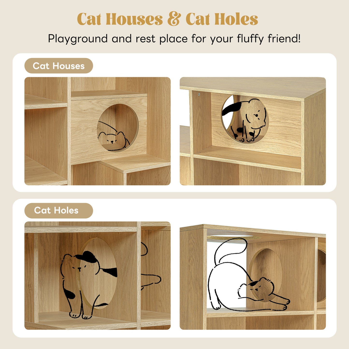Modern 2 IN 1 Wood Bookshelf Cat House, Tree Display Case With