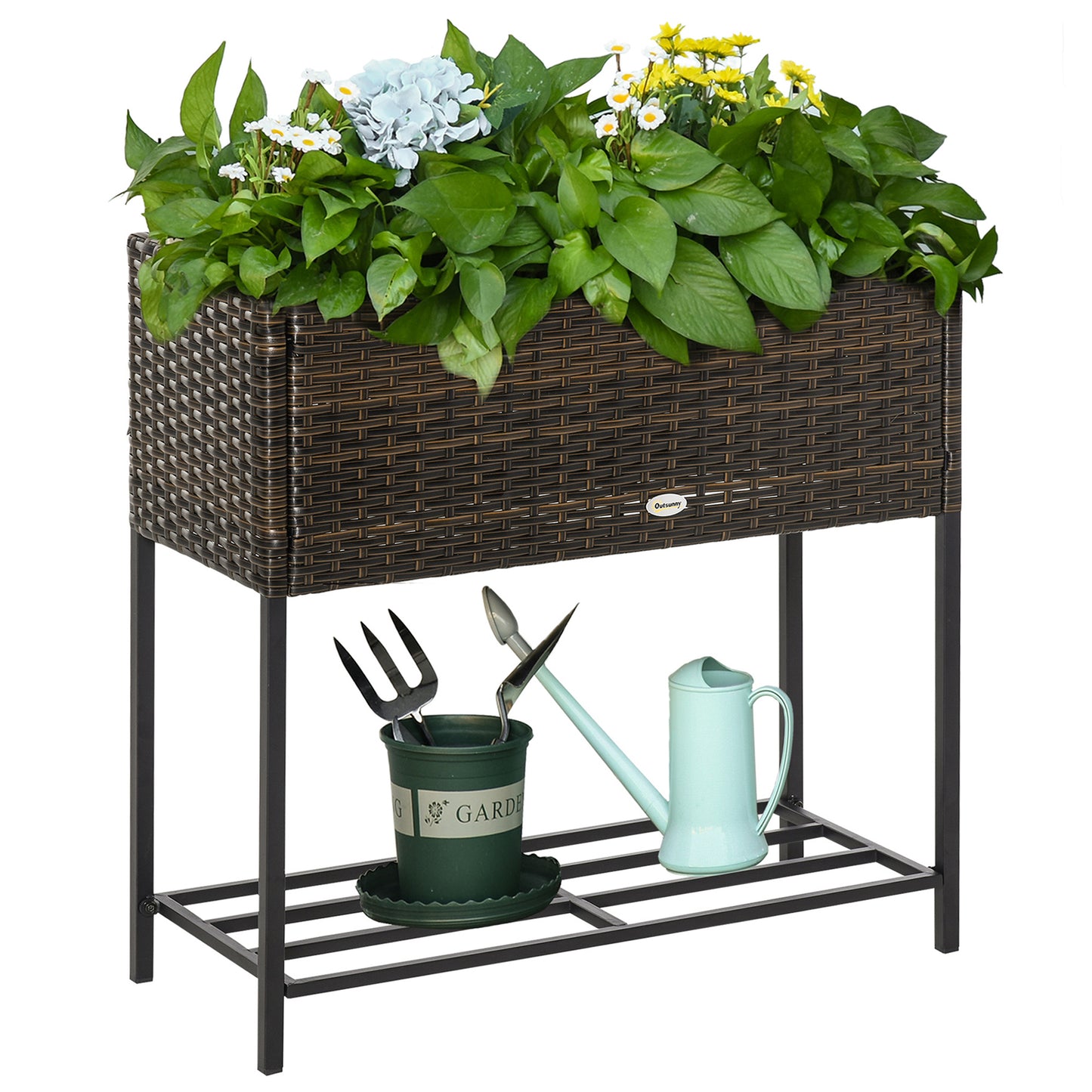 Raised Garden Bed with Rattan Wicker Look and Tool Storage Shelf - Portable Herb and Vegetable Planter