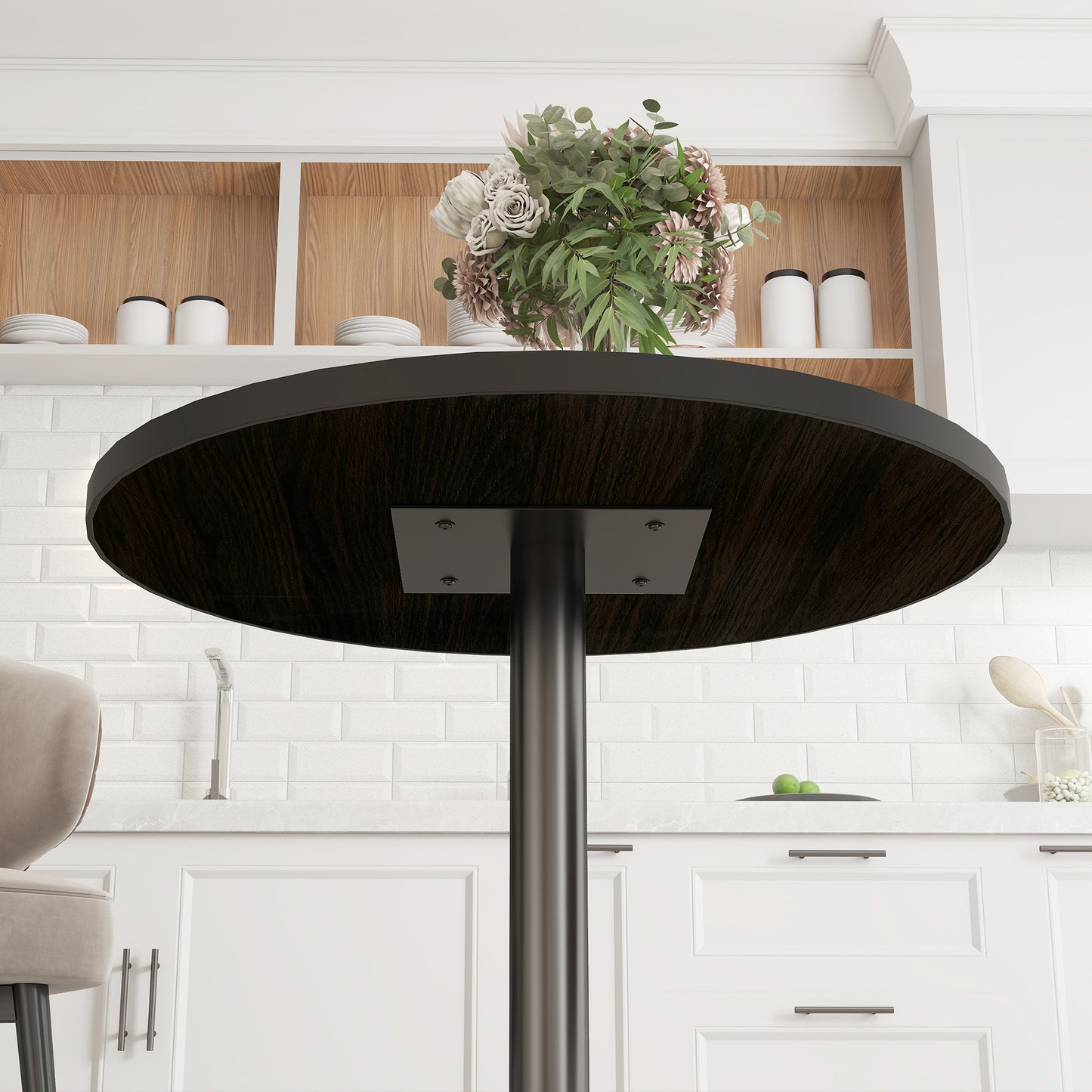 Round Dining Table for 2-4 People - Black Wood Grain Top