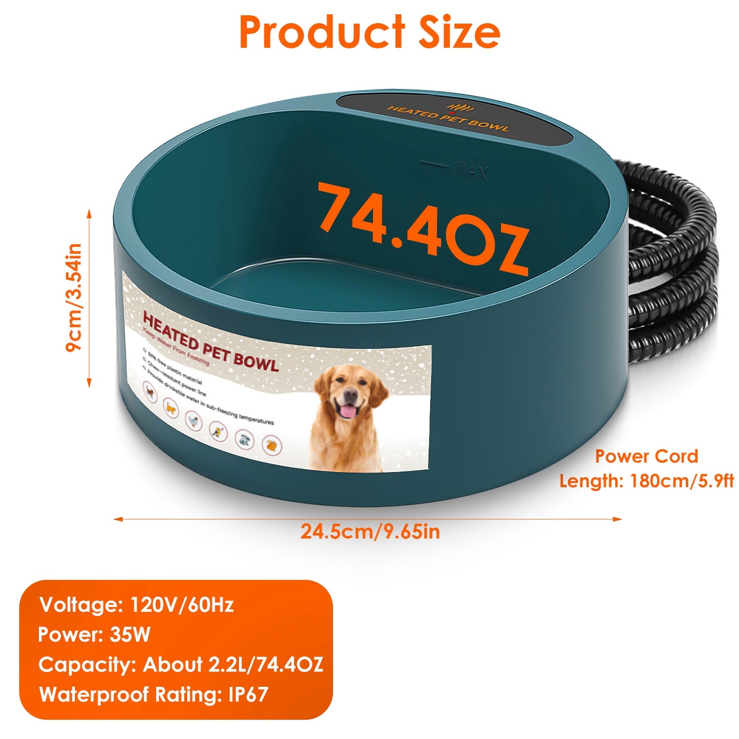 Heated Water Bowl for Dogs & Cats - 74.4oz IP67 Waterproof