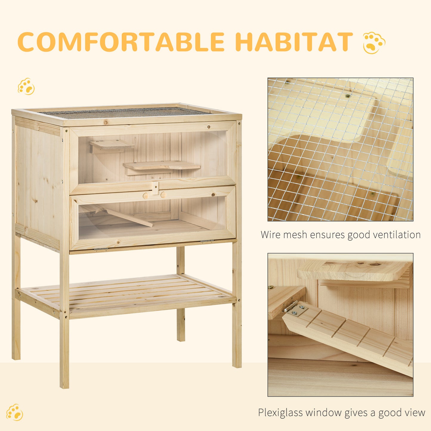 3-Tier Wooden Hamster Cage Small Animal Habitat with Openable Top & Storage Shelf