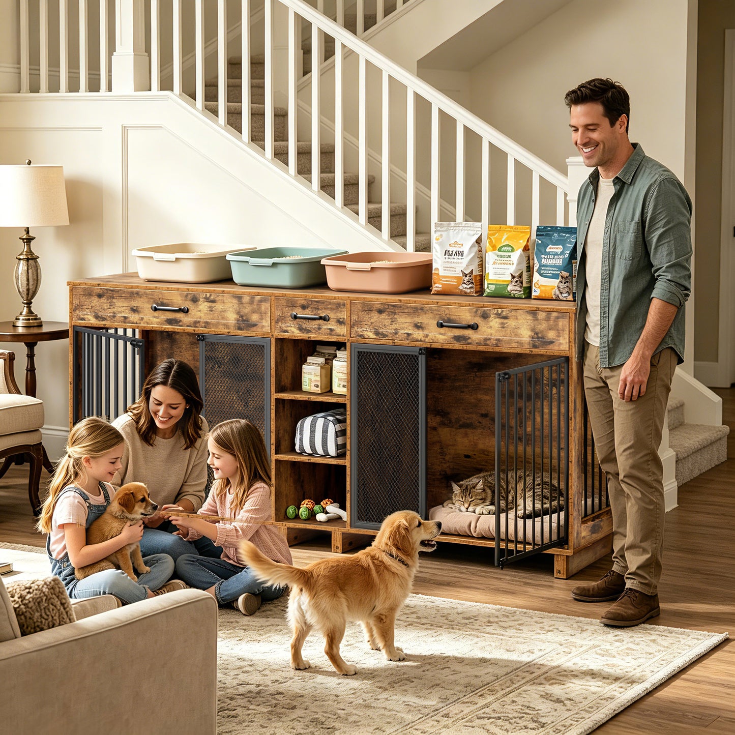Large Wooden Dog Crate Furniture with Storage and Multi-Function Design