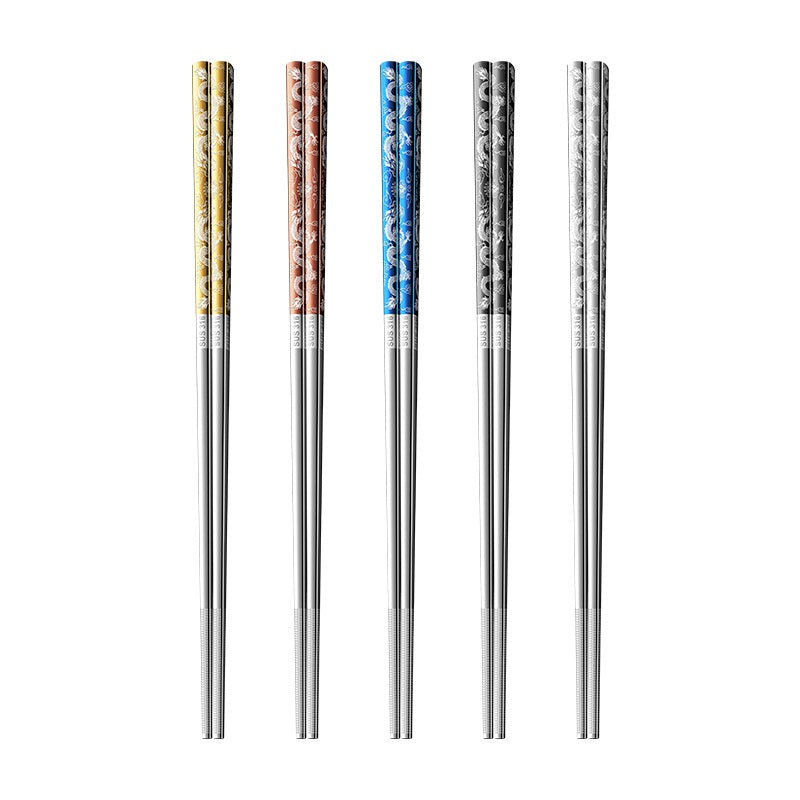 Stainless Steel Chopsticks with Dragon Pattern - Food Grade Kitchen Utensils