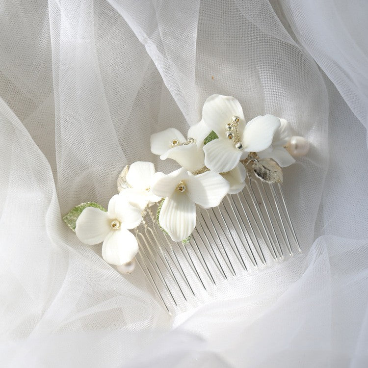 Ceramic Flower Hair Comb - Silver Bridal Headpiece