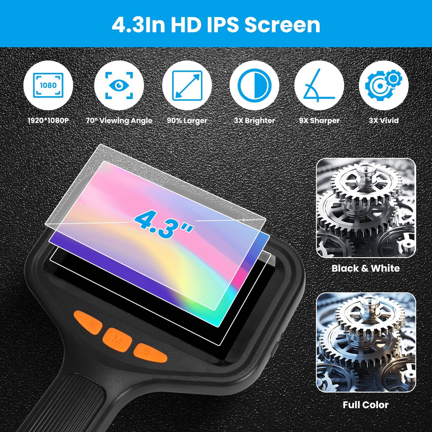 HD Inspection Camera with Light 4.3in Screen 16.4ft Waterproof Borescope for Plumbing & Automotive