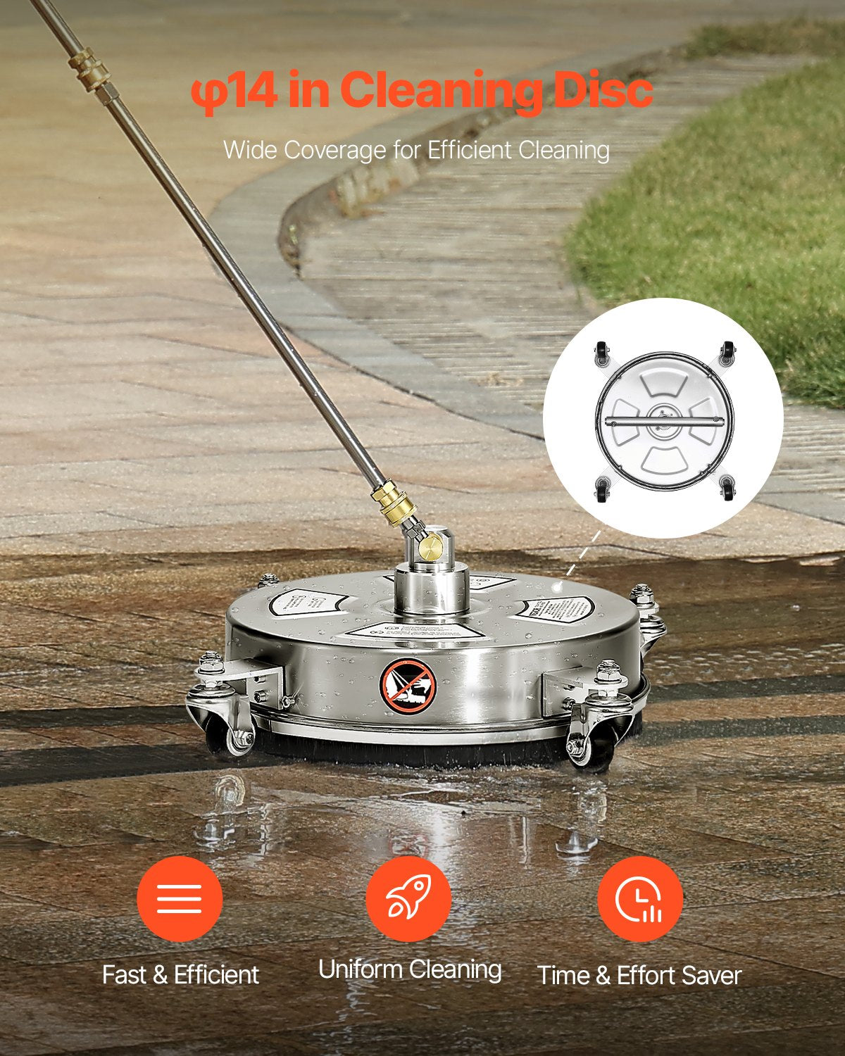 14-Inch Pressure Washer Surface Cleaner 4000 PSI with 2 Extended Wands - Silver