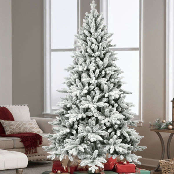 7ft Snowy Flocked Christmas Tree with 1514 Tips - Full Artificial Holiday Decor