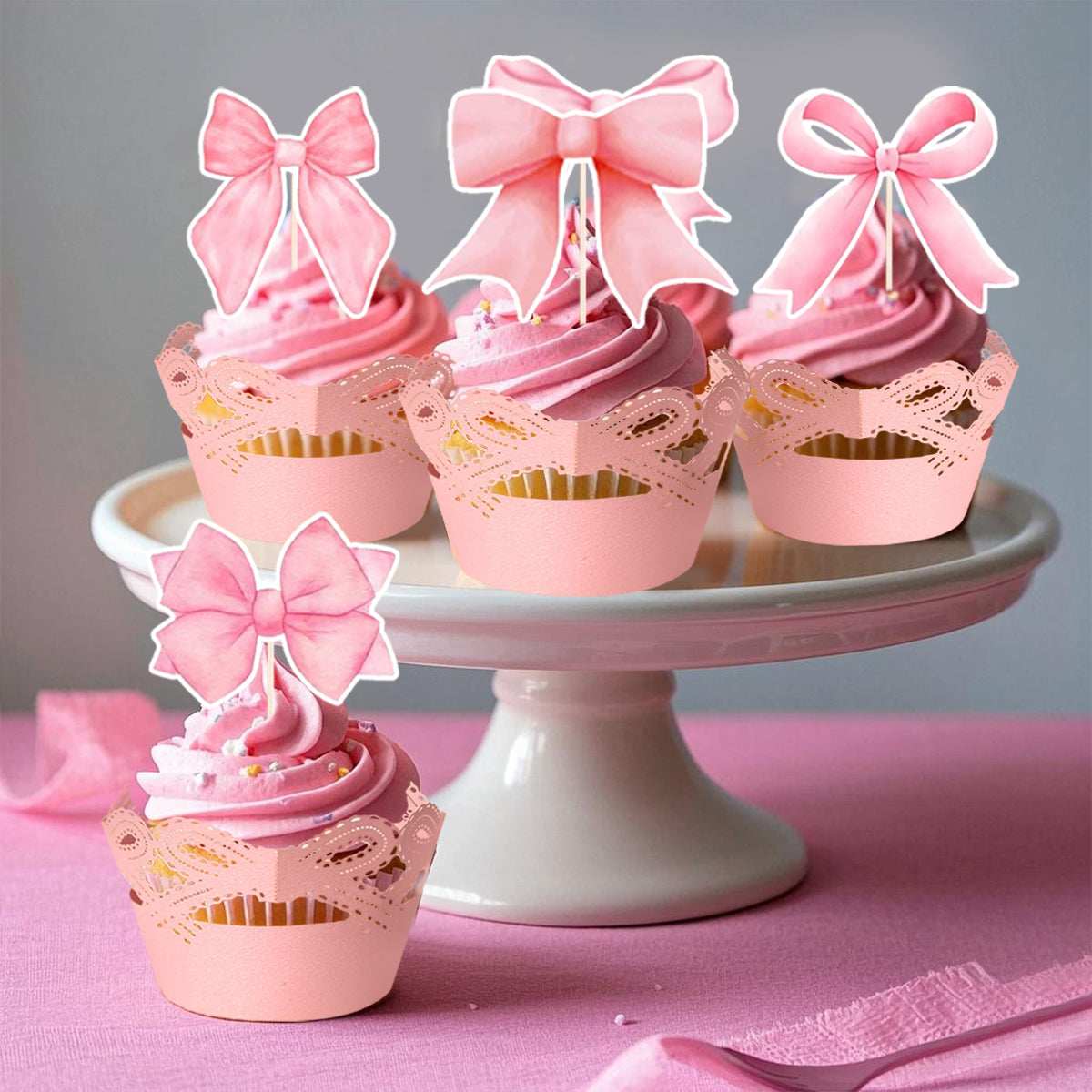 48-Piece Pink Bow Cupcake Toppers Kit - Party Supplies
