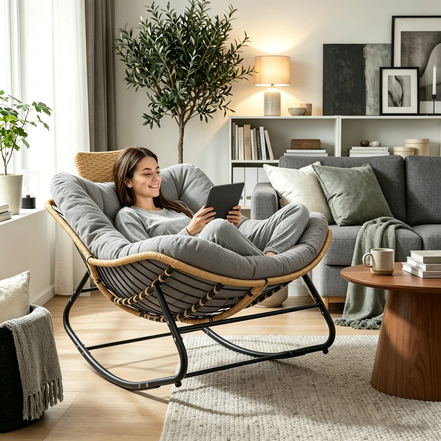 Oversized Rocking Chair with Cushion - Dark Grey Rattan