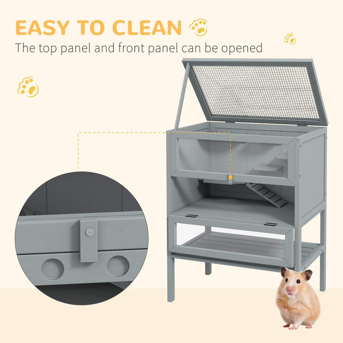 3-Tier Wooden Hamster Cage with Openable Top and Storage Shelf - Gray, 830x450x185mm