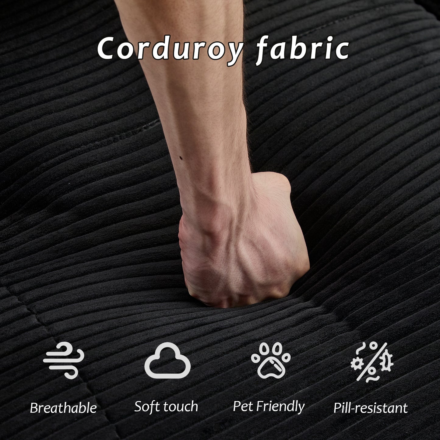 2-Seater Modular Memory Foam Sofa - Pet-Friendly Corduroy, Black