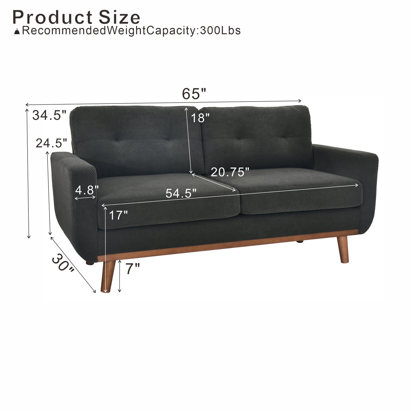 65-Inch Modern Minimalist Two-Seater Sofa - Dark Grey